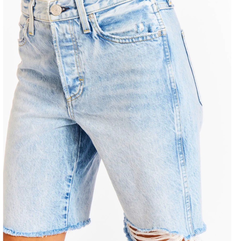 AMO Lowerboy energised long cut-off jean shorts size 28, like new, light blue